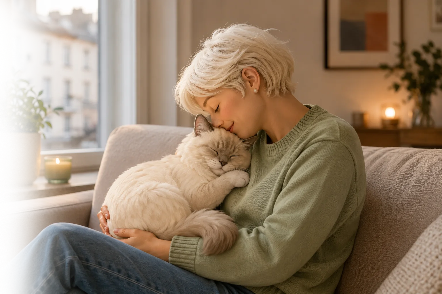 Une femme serrant tendrement son chat dans ses bras